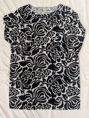 Ann Taylor LOFT Black Navy Blue White Long Sleeve Abstract Floral Shift Dress XL